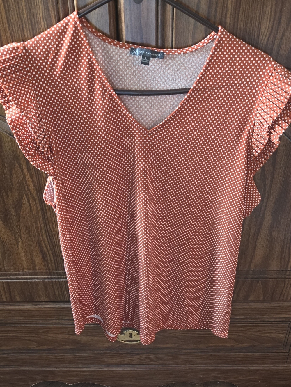 Adrianna Papell Rust Polka Dot V-Neck Flutter Sleeve Blouse